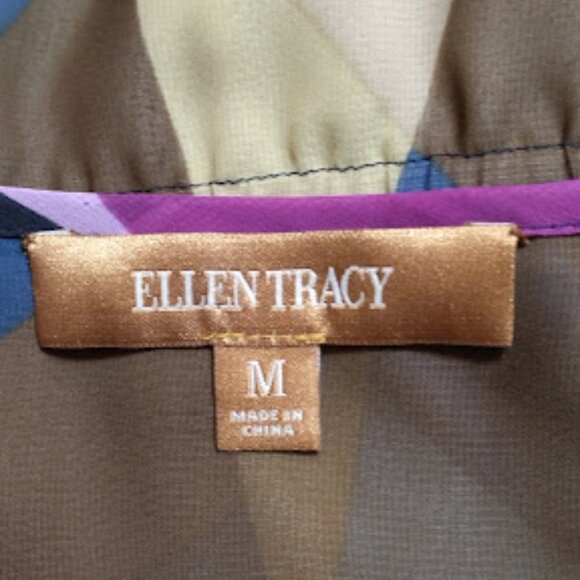 Ellen Tracy Colorful Semi Sheer V-Neck Top with Cap Sleeves Size: M - Picture 7 of 11